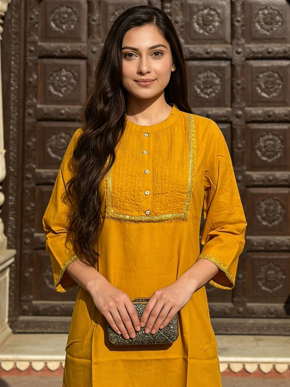 Buy Rayon Embroidered Straight Calf Length Kurta-Mustard