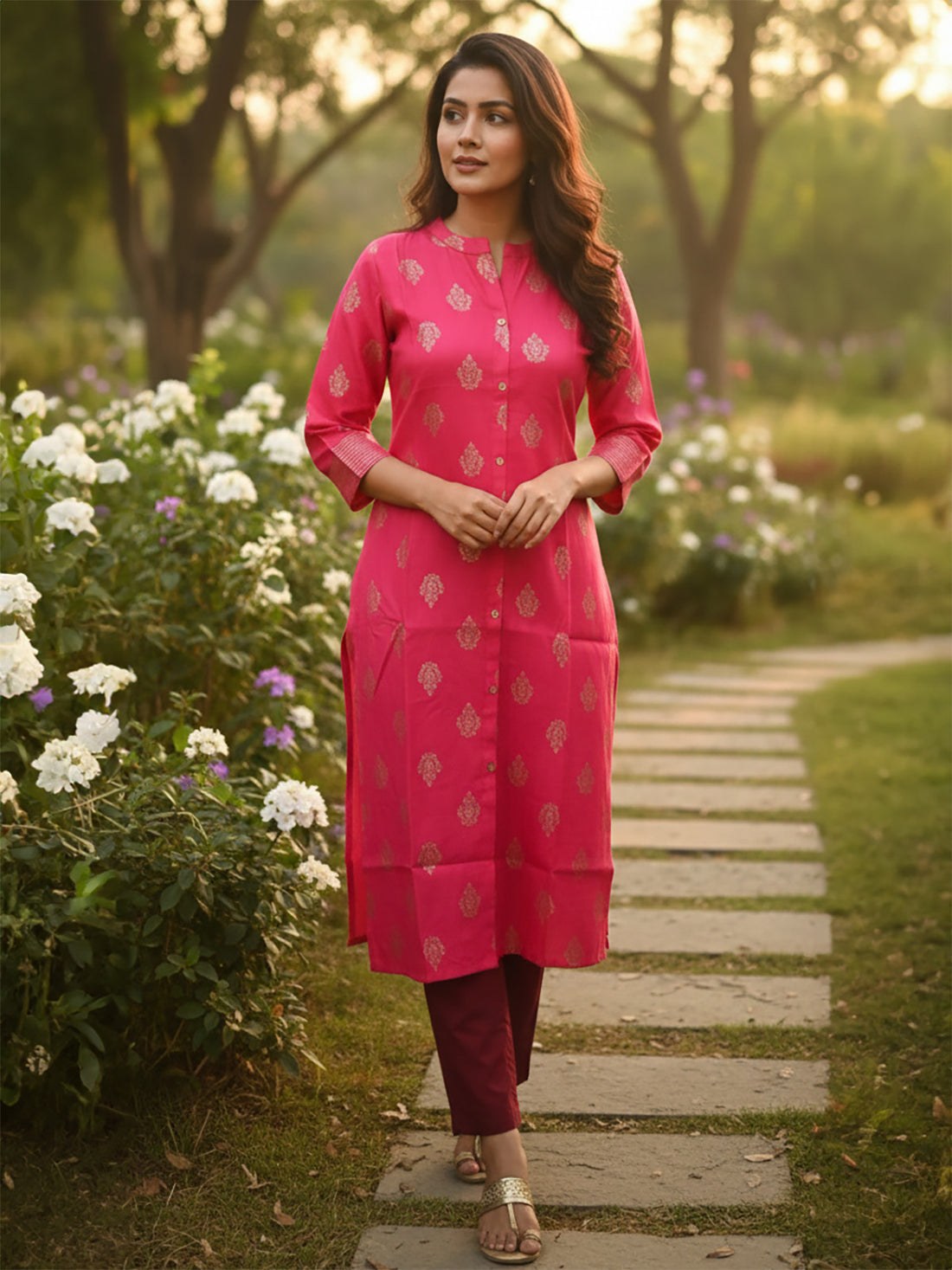 Buy Poly Viscose Printed Straight Calf Length Kurta-Fuchsia
