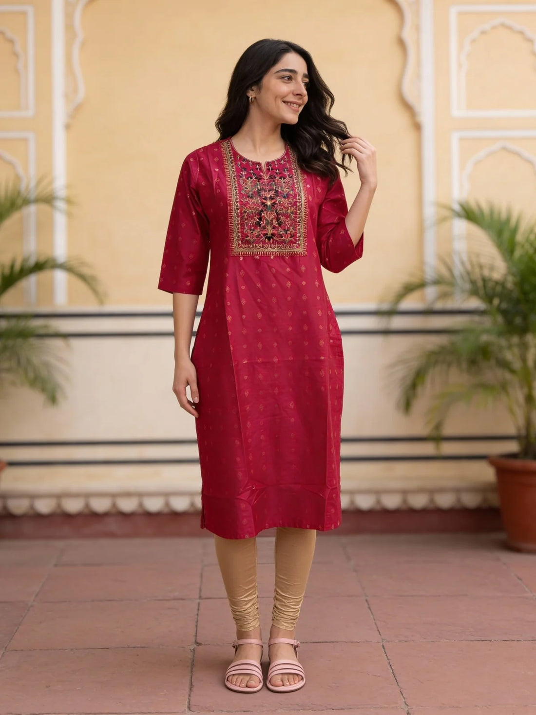 Buy Viscose Embroidered Straight Calf Length Kurta-Pink