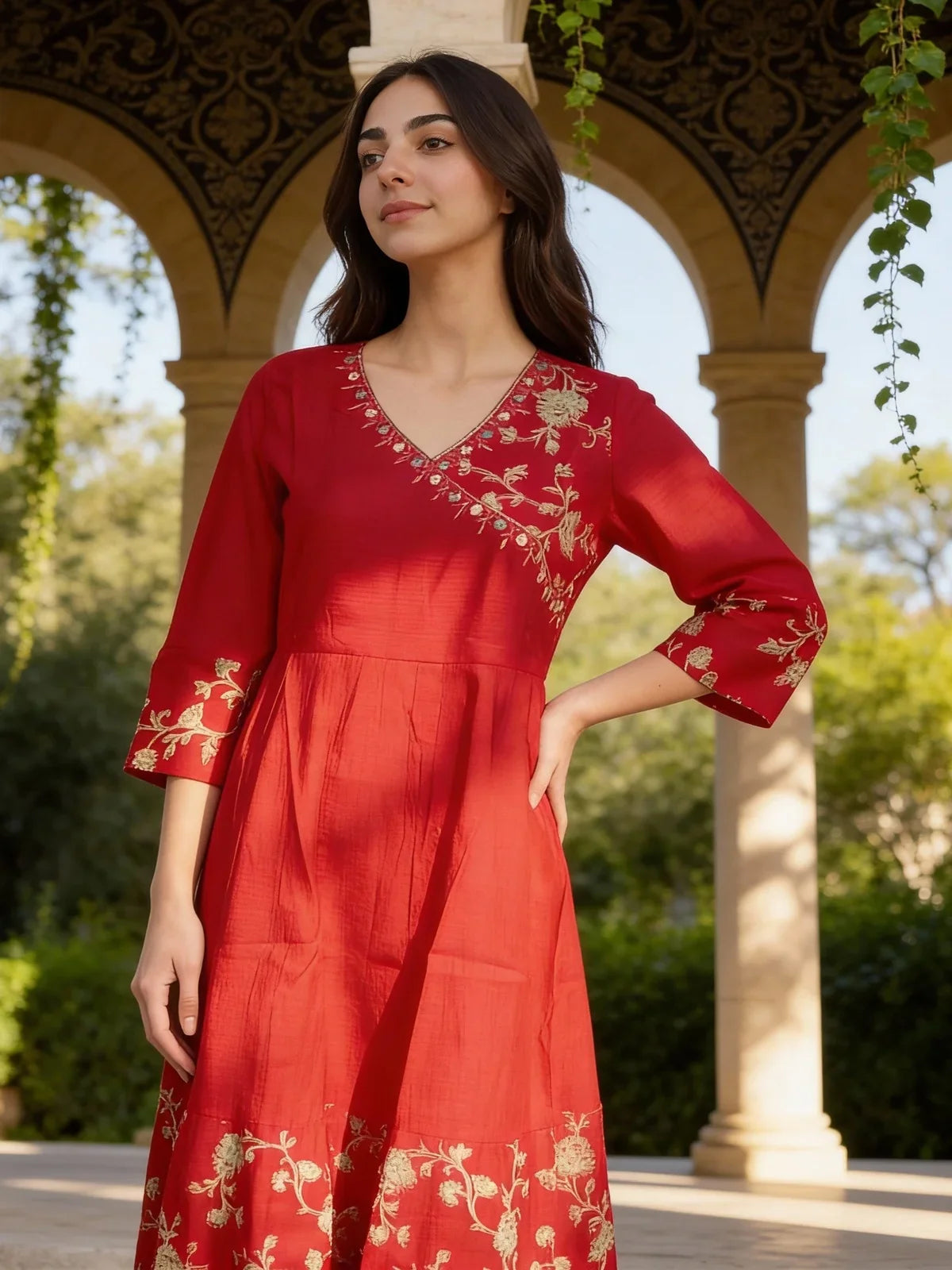 Buy Poly Viscose Embroidered Anarkali Calf Length Kurta-Fuchsia