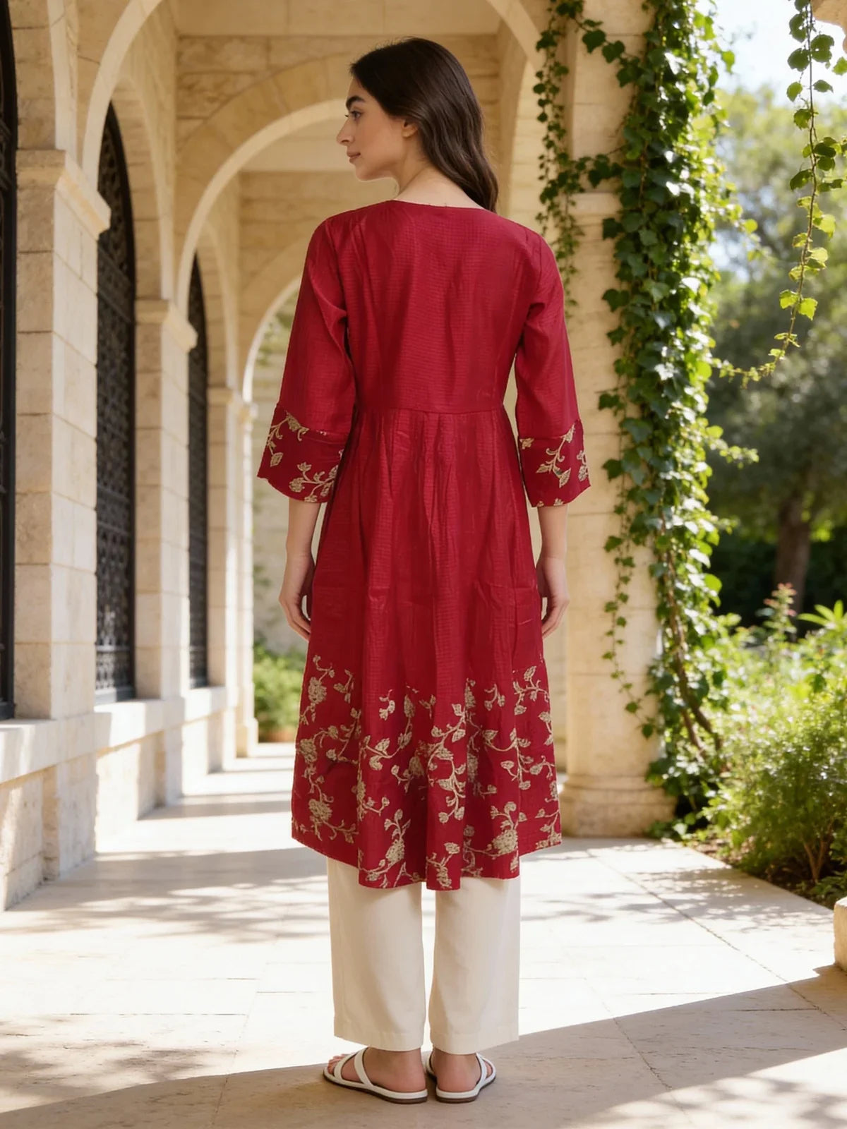 Buy Poly Viscose Embroidered Anarkali Calf Length Kurta-Fuchsia