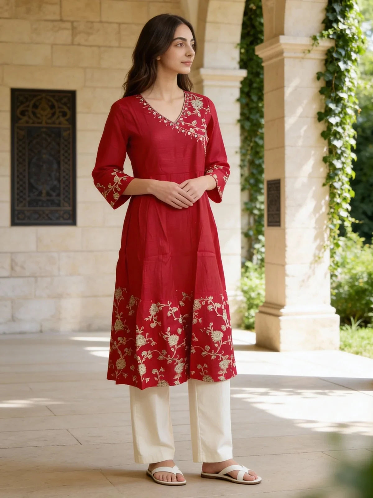 Buy Poly Viscose Embroidered Anarkali Calf Length Kurta-Fuchsia