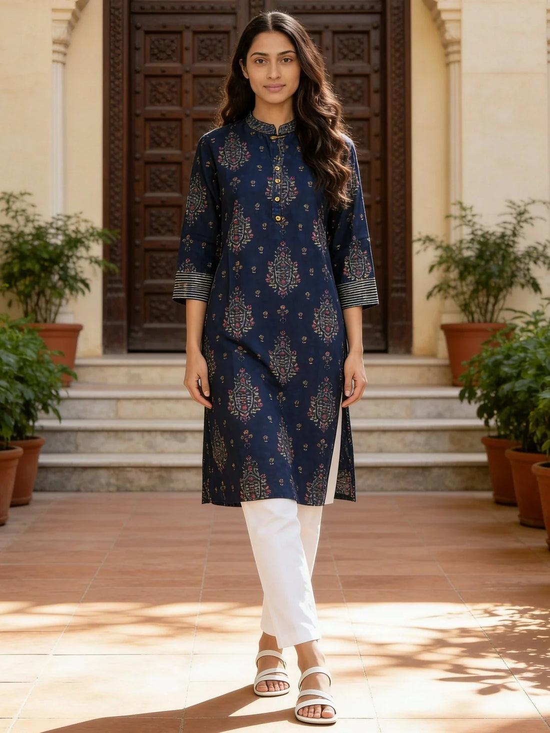 Buy Blue Poly Viscose Embroidered Straight Calf Length Kurta-Blue