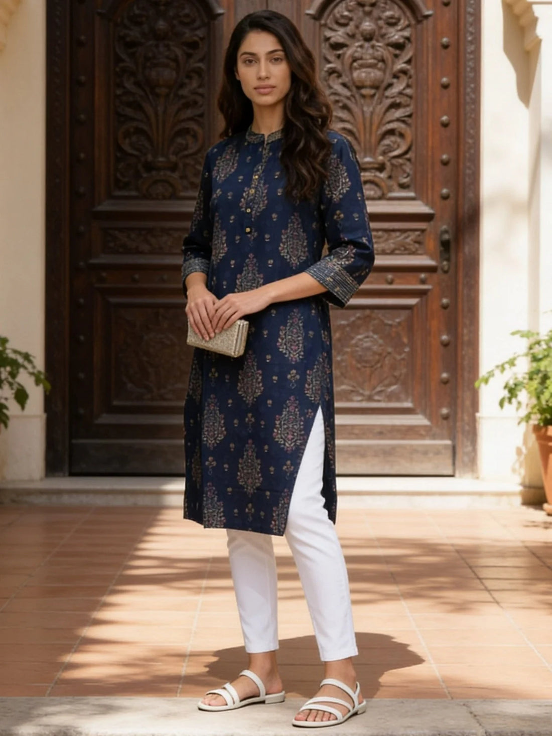 Buy Blue Poly Viscose Embroidered Straight Calf Length Kurta-Blue