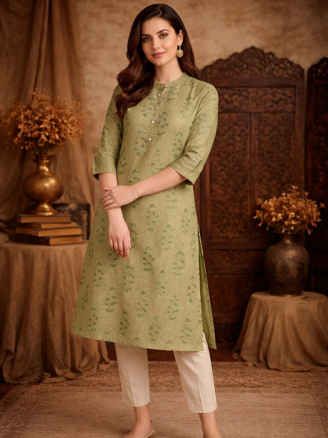 Buy Poly Viscose Printed Straight Calf Length Kurta-Green