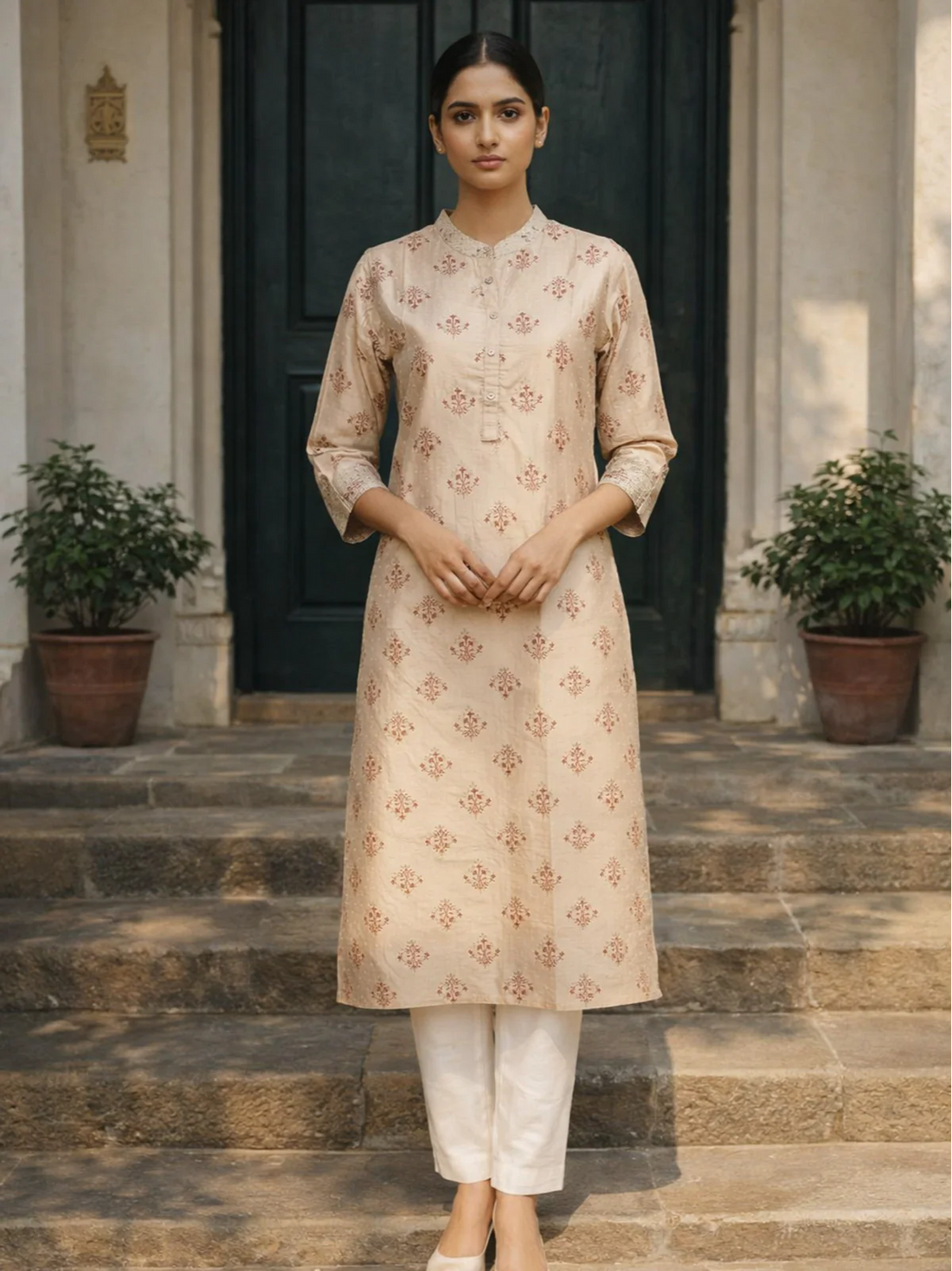 Buy Poly Viscose Printred Straight Calf Length Kurta-Beige