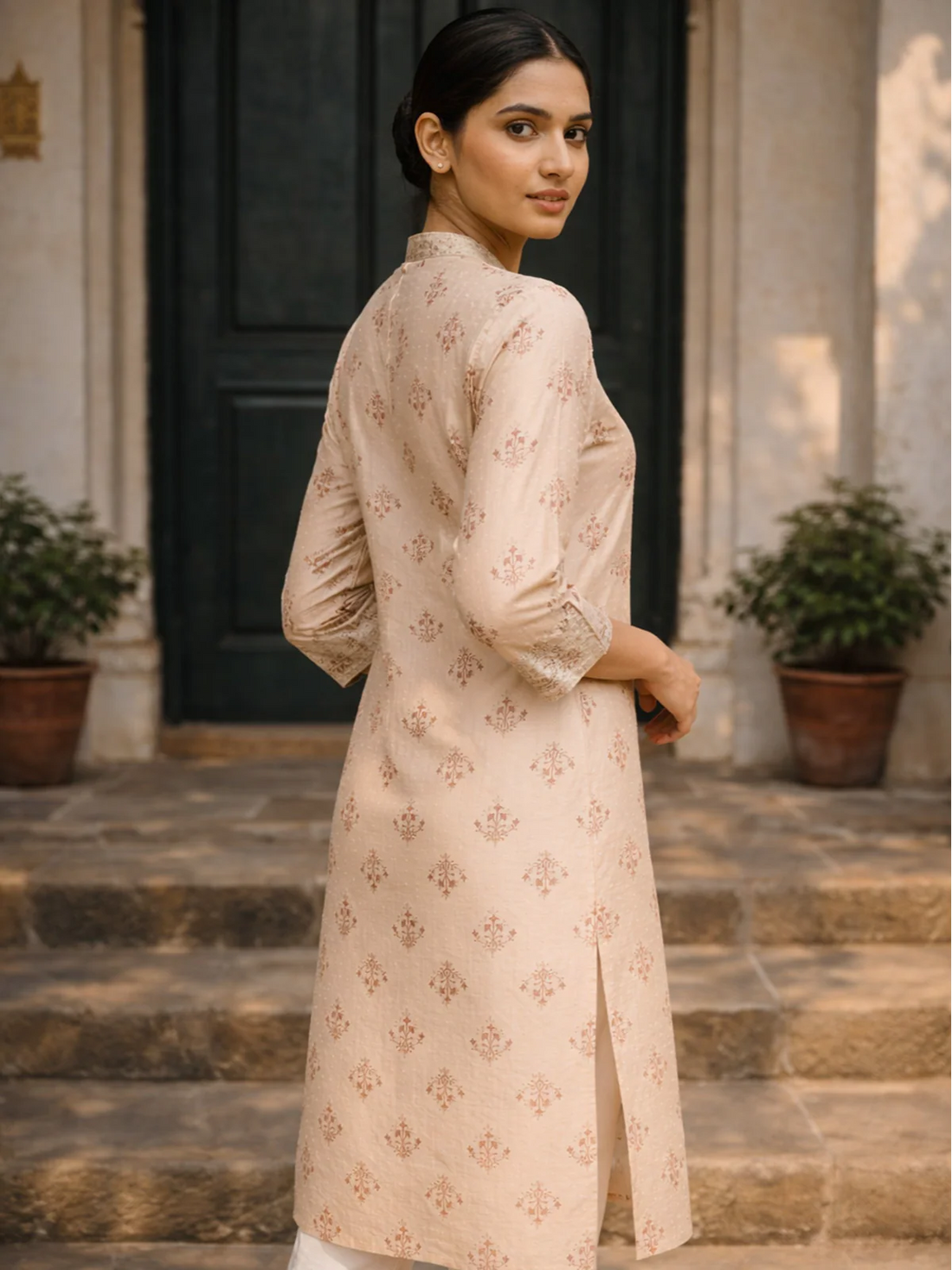 Buy Poly Viscose Printred Straight Calf Length Kurta-Beige