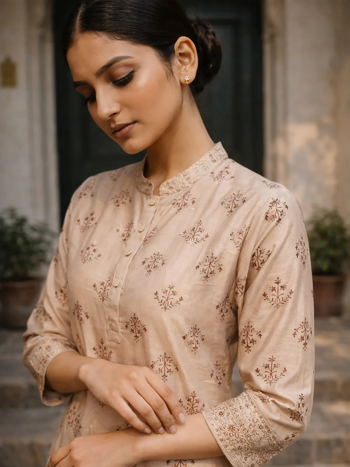 Buy Poly Viscose Printred Straight Calf Length Kurta-Beige