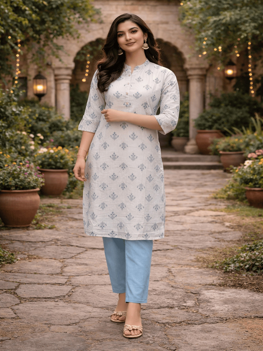 Buy Poly Viscose Printed Straight Calf Length Kurta-White
