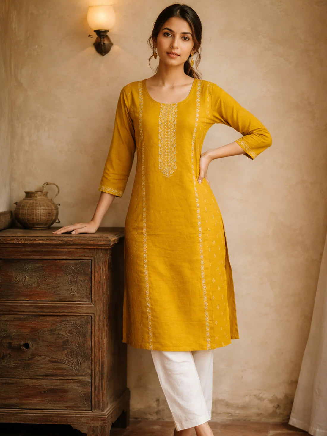 Buy Poly Viscose Embroidered A-Line Calf Length Kurta-Yellow