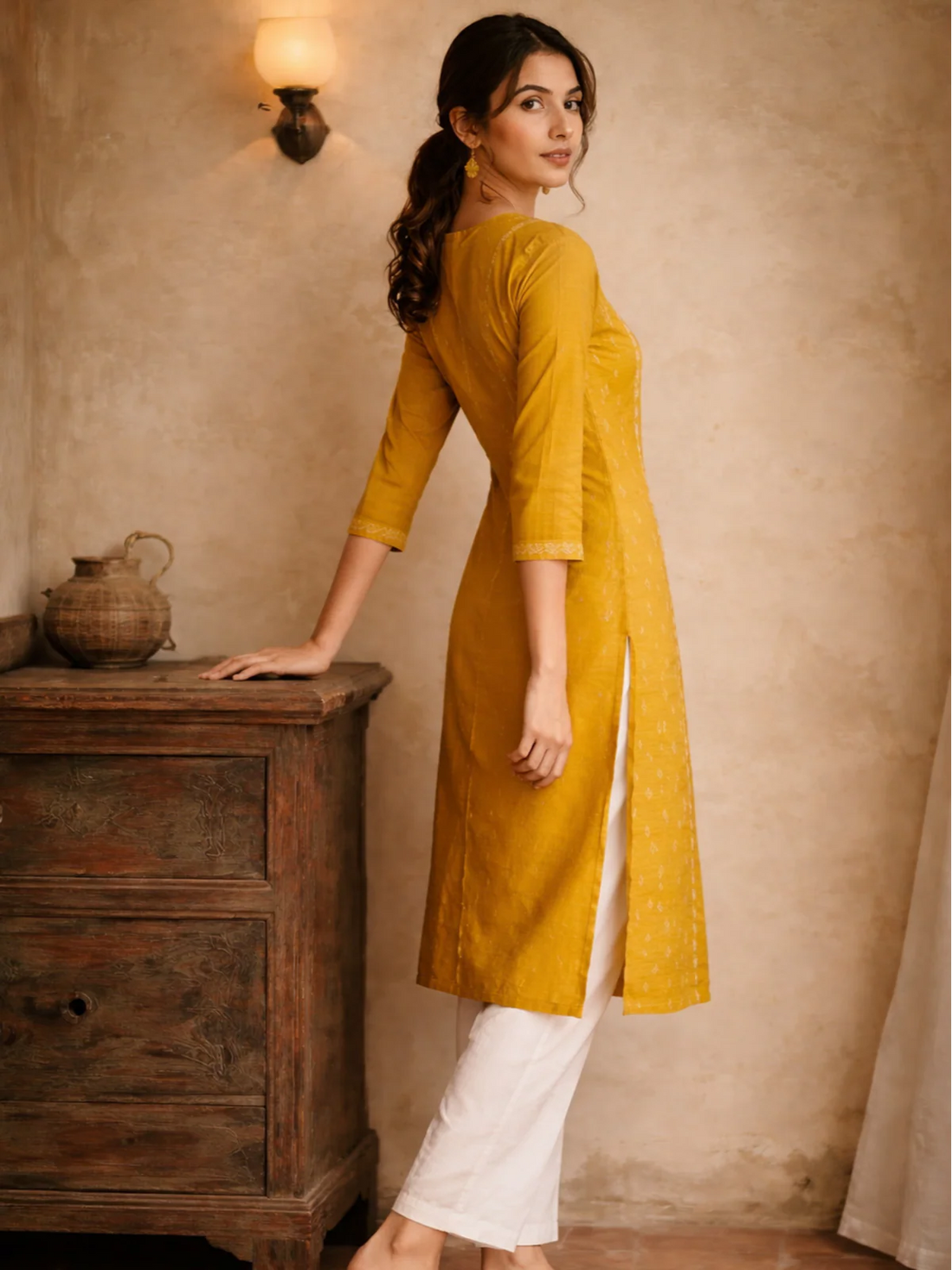 Buy Poly Viscose Embroidered A-Line Calf Length Kurta-Yellow