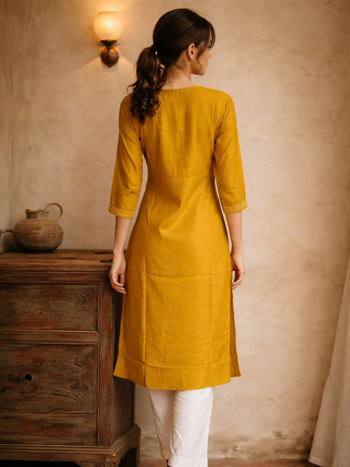 Buy Poly Viscose Embroidered A-Line Calf Length Kurta-Yellow
