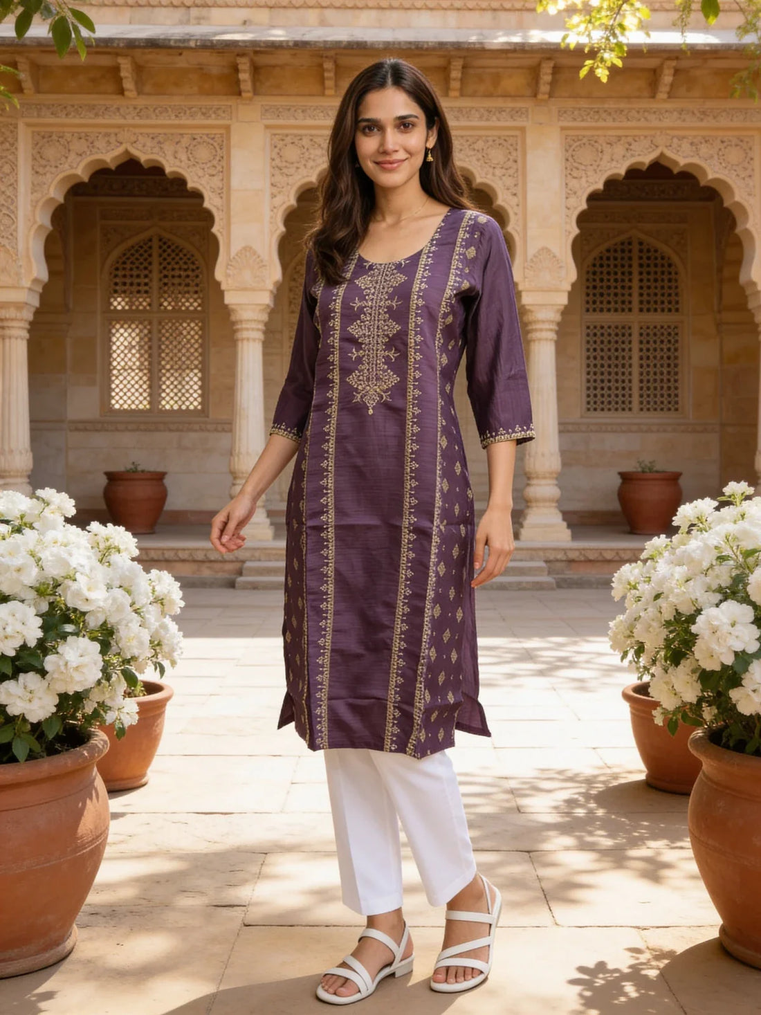 Buy Poly Viscose Embroidered Straight Calf Length Kurta-Purple