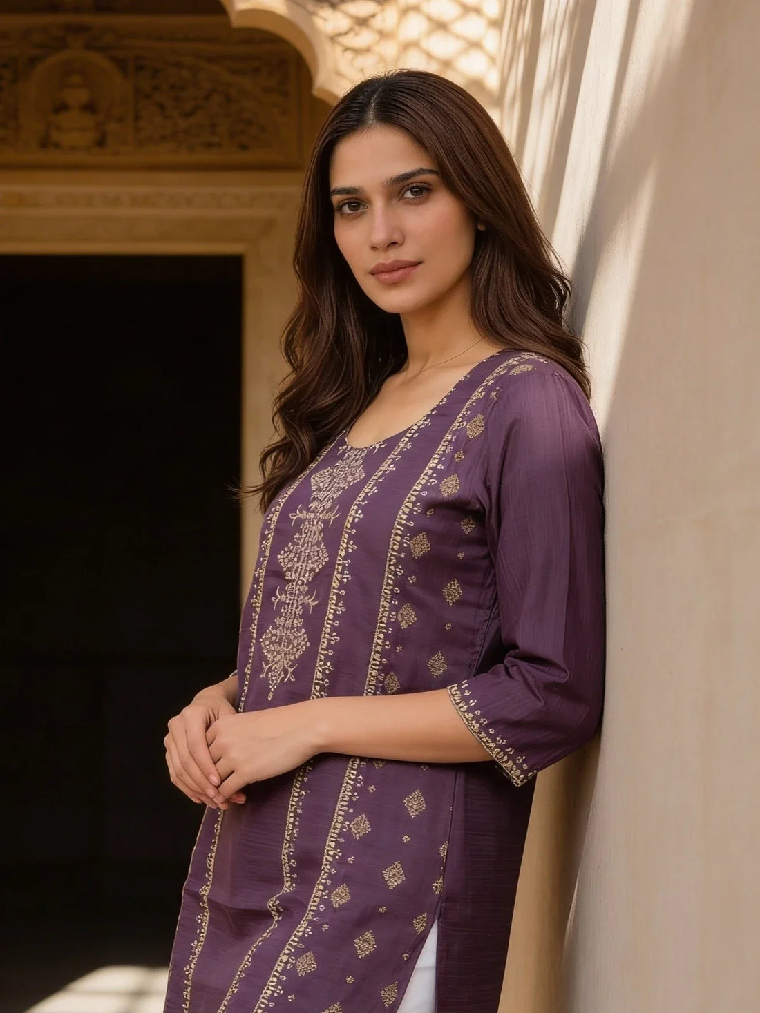 Buy Poly Viscose Embroidered Straight Calf Length Kurta-Purple