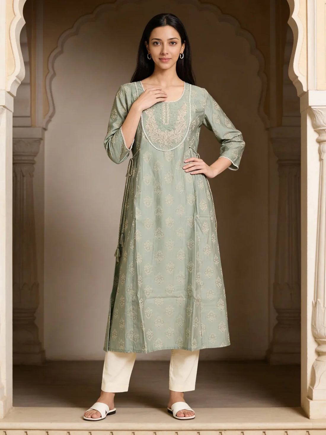Buy Poly Viscose Embroidered Anarkali Calf Length Kurta-Pista Green