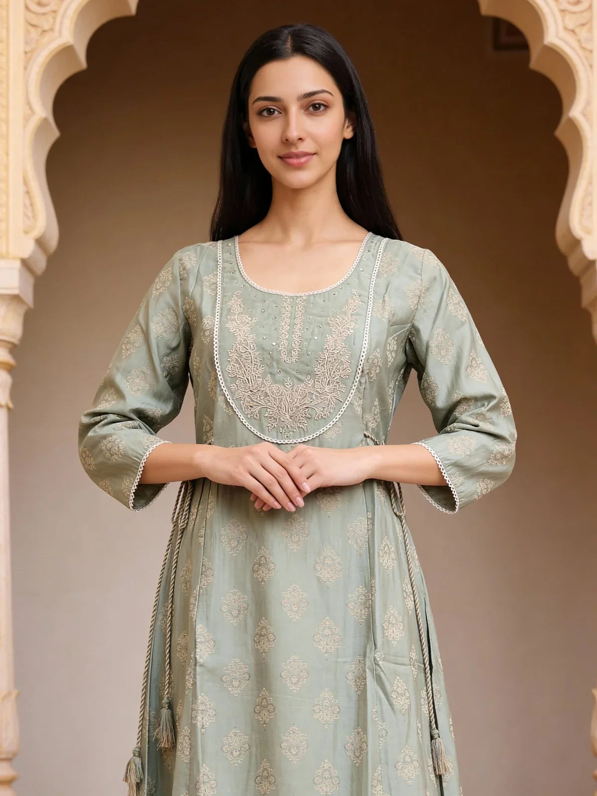 Buy Poly Viscose Embroidered Anarkali Calf Length Kurta-Pista Green