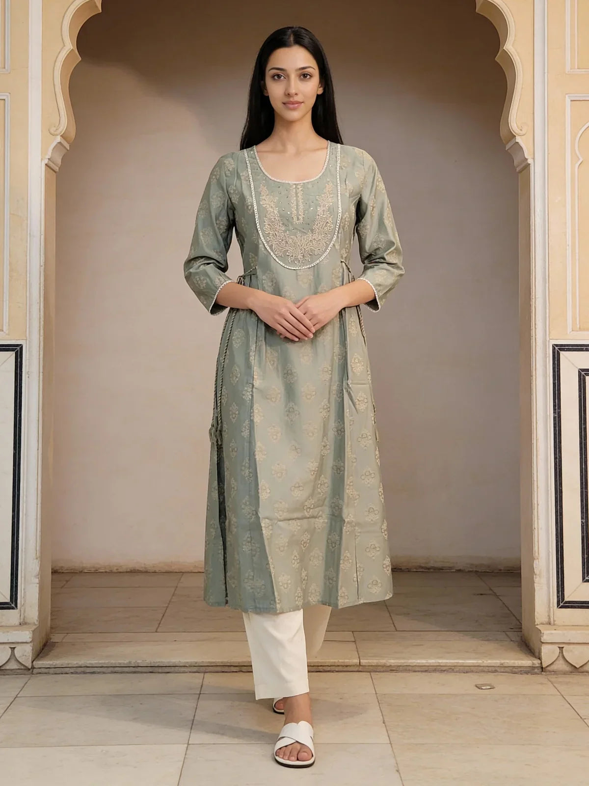 Buy Poly Viscose Embroidered Anarkali Calf Length Kurta-Pista Green