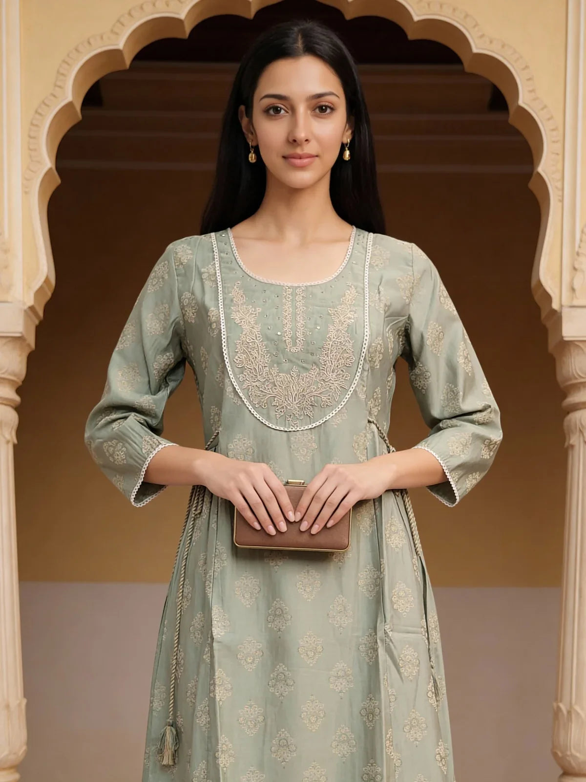 Buy Poly Viscose Embroidered Anarkali Calf Length Kurta-Pista Green