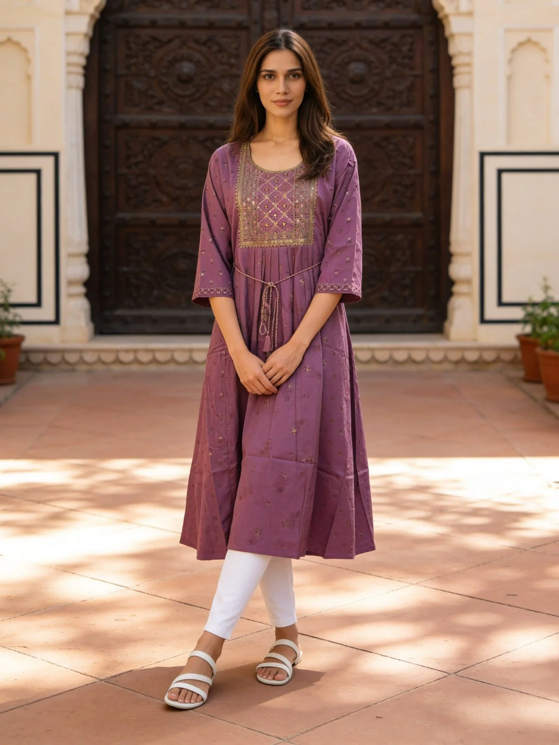 Buy Poly Viscose Embroidered Anarkali Calf Length Kurta-Mauve