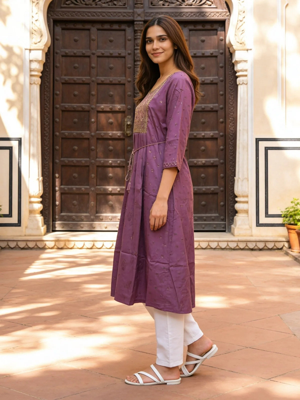 Buy Poly Viscose Embroidered Anarkali Calf Length Kurta-Mauve