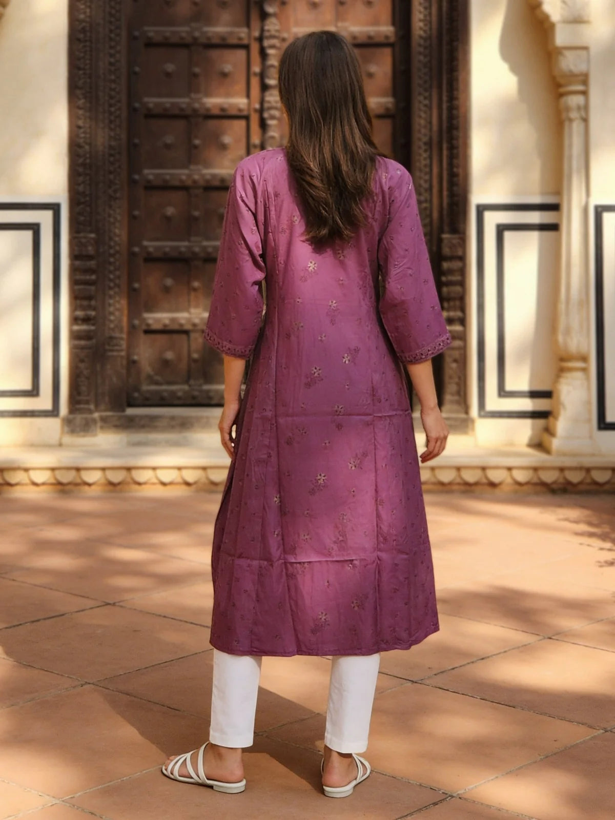 Buy Poly Viscose Embroidered Anarkali Calf Length Kurta-Mauve
