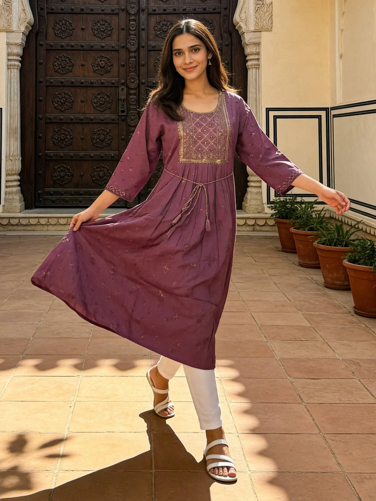 Buy Poly Viscose Embroidered Anarkali Calf Length Kurta-Mauve