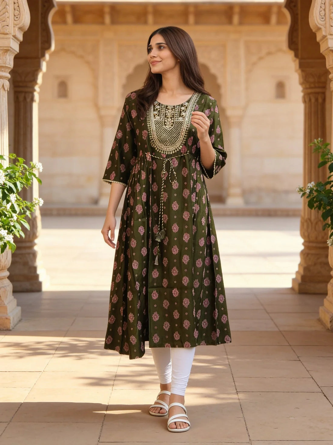 Buy Poly Viscose Embroidered Anarkali Calf Length Kurta-Olive