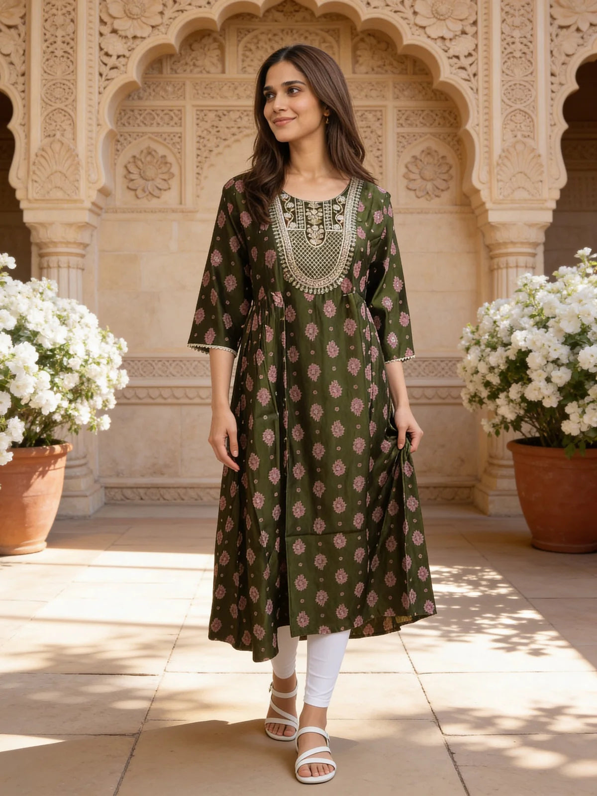 Buy Poly Viscose Embroidered Anarkali Calf Length Kurta-Olive