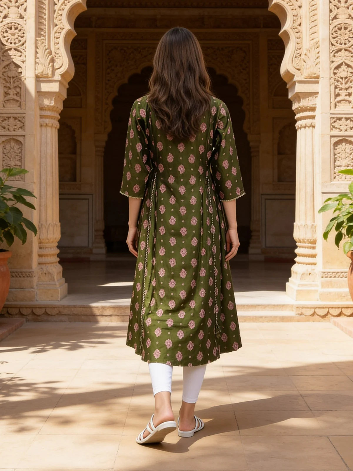 Buy Poly Viscose Embroidered Anarkali Calf Length Kurta-Olive