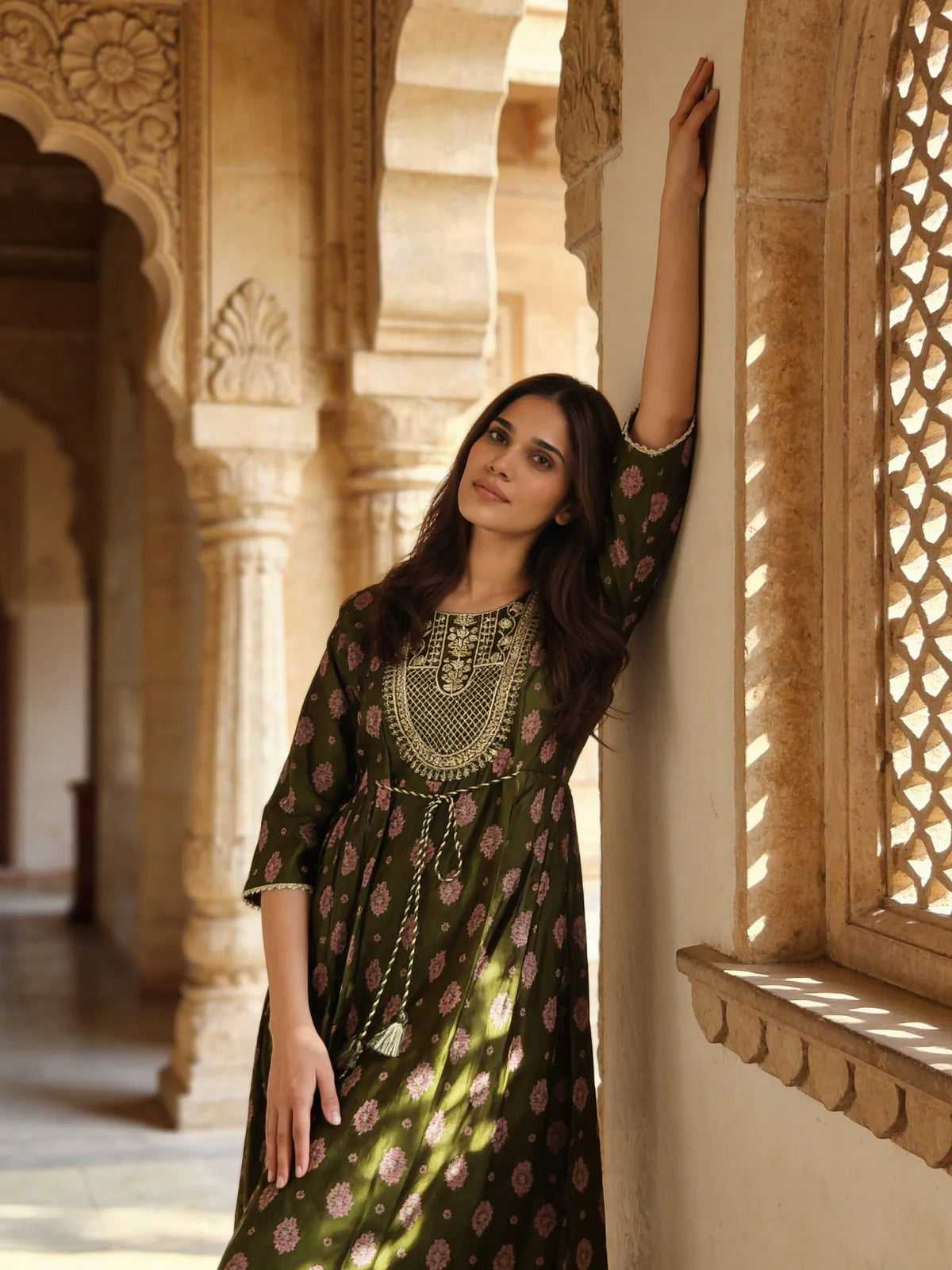 Buy Poly Viscose Embroidered Anarkali Calf Length Kurta-Olive