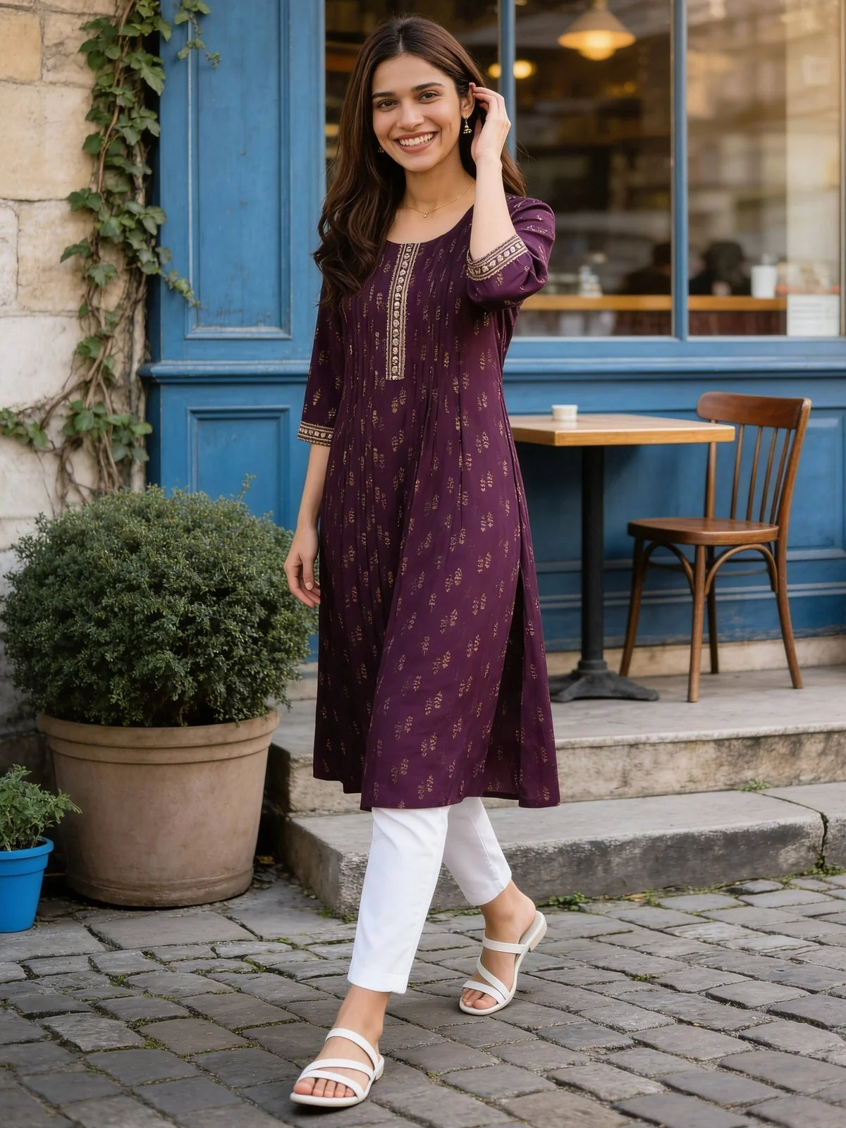 Buy Purple Poly Viscose Embroidered Anarkali Calf Length Kurta-Purple