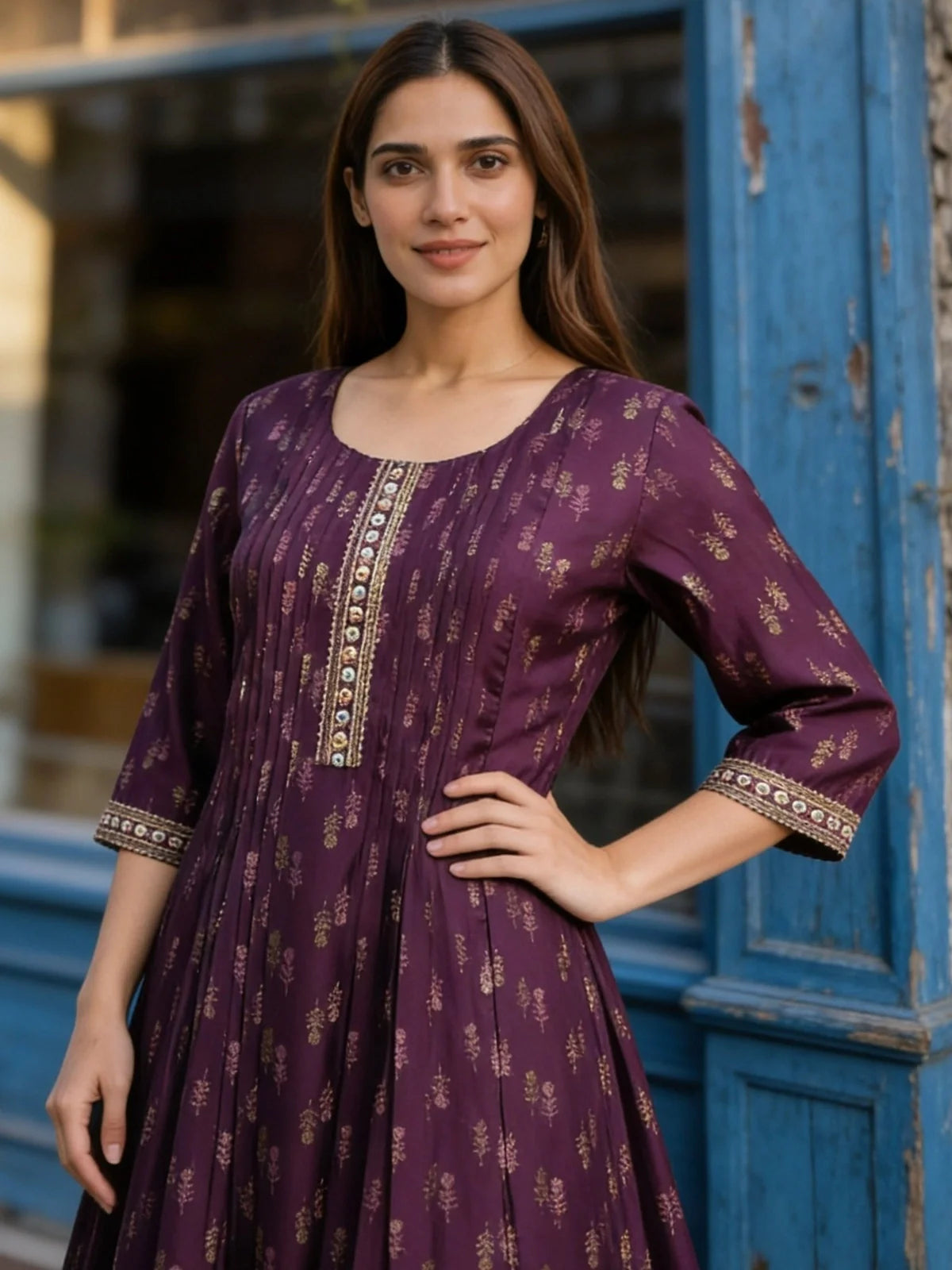 Buy Purple Poly Viscose Embroidered Anarkali Calf Length Kurta-Purple