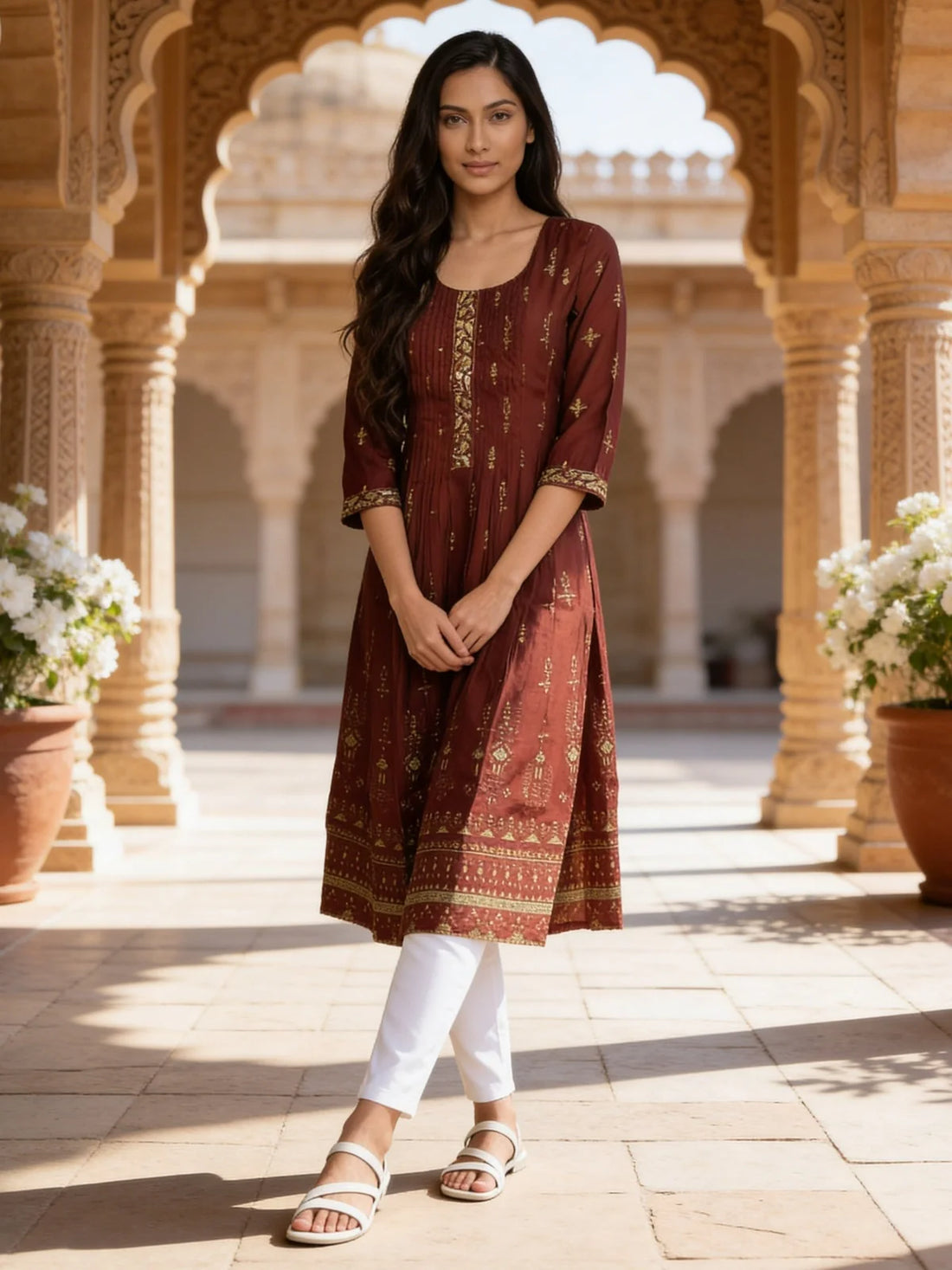 Buy Poly Viscose Embroidered Anarkali Calf Length Kurta-Rust