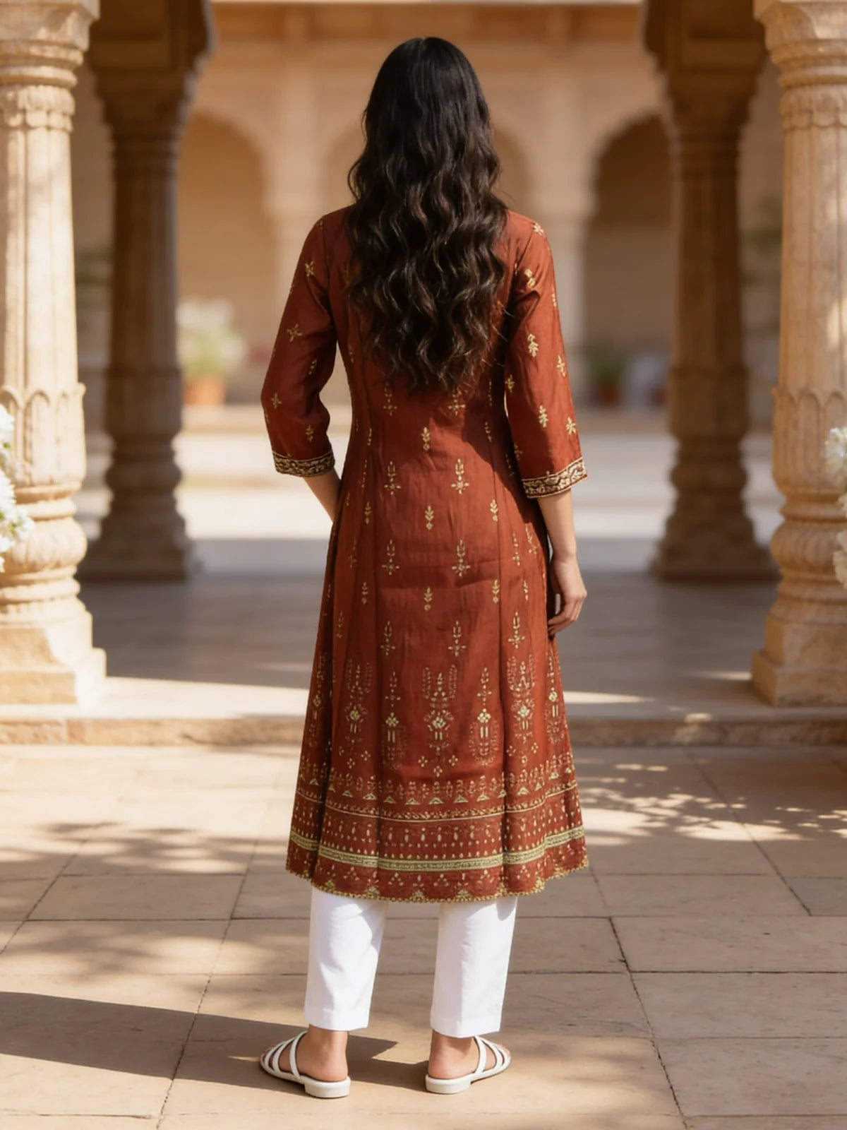 Buy Poly Viscose Embroidered Anarkali Calf Length Kurta-Rust