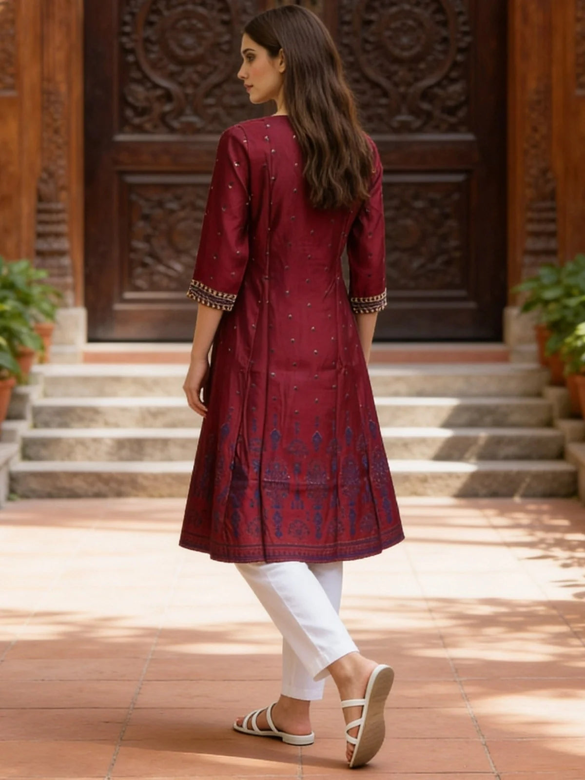 Buy Maroon Poly Viscose Embroidered Anarkali Calf Length Kurta-Maroon