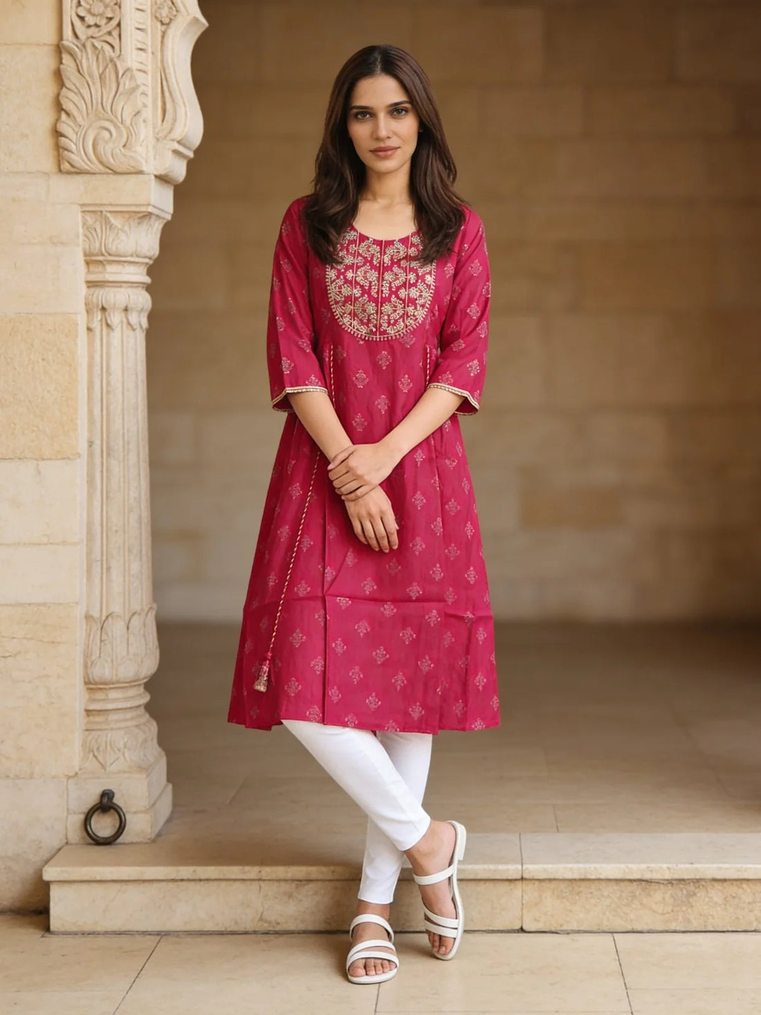 Buy Poly Viscose Embroidered Anarkali Calf Length Kurta-Red