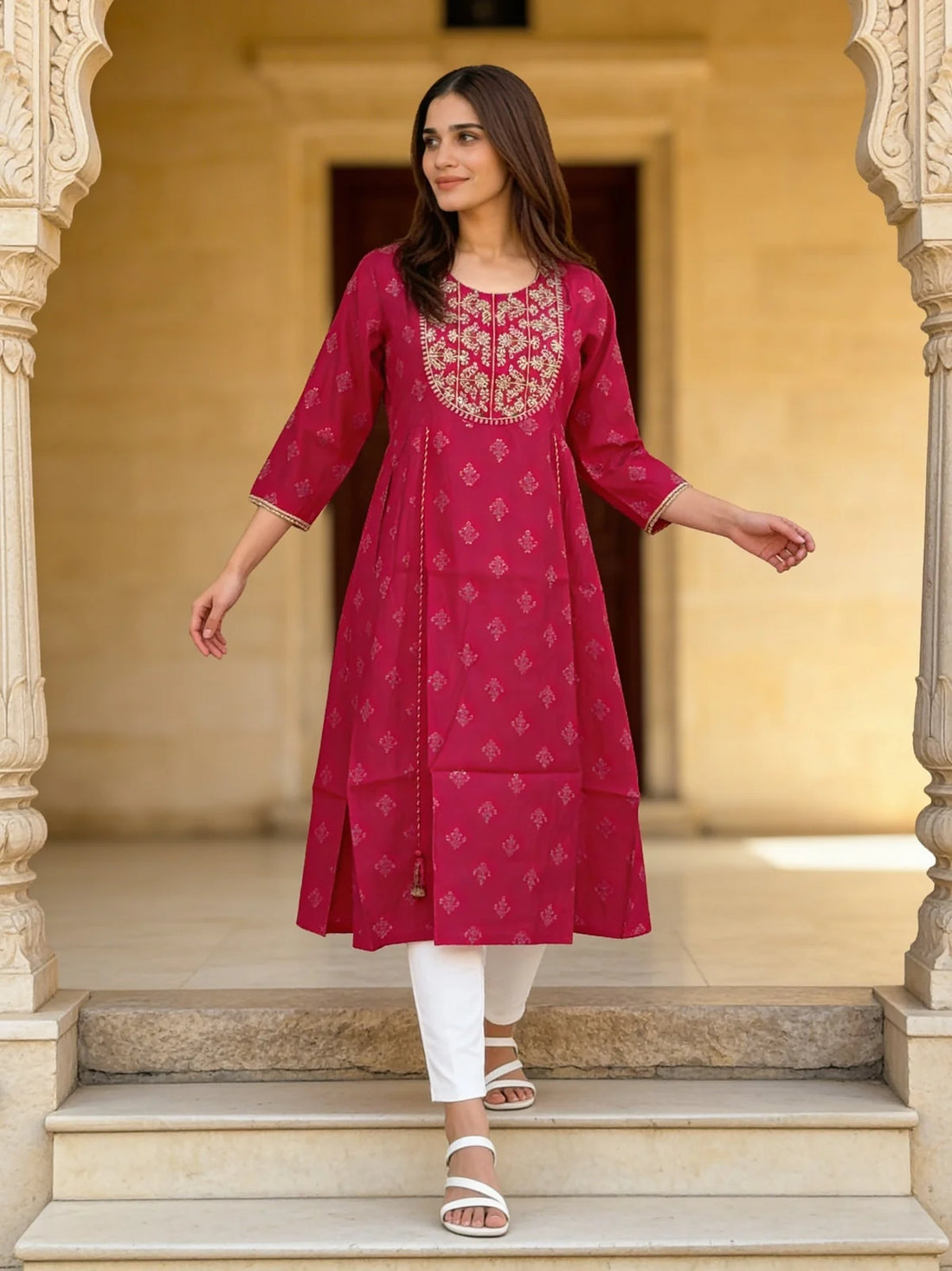 Buy Poly Viscose Embroidered Anarkali Calf Length Kurta-Red