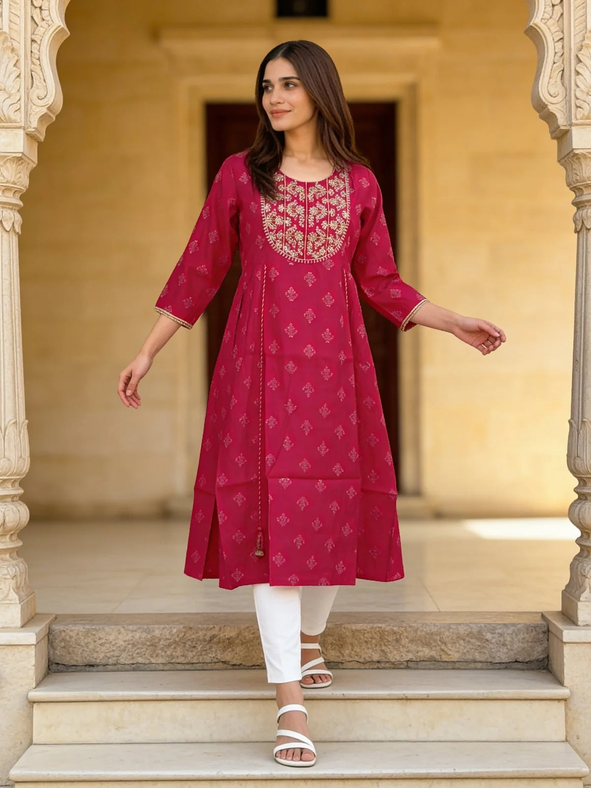 Buy Poly Viscose Embroidered Anarkali Calf Length Kurta-Red