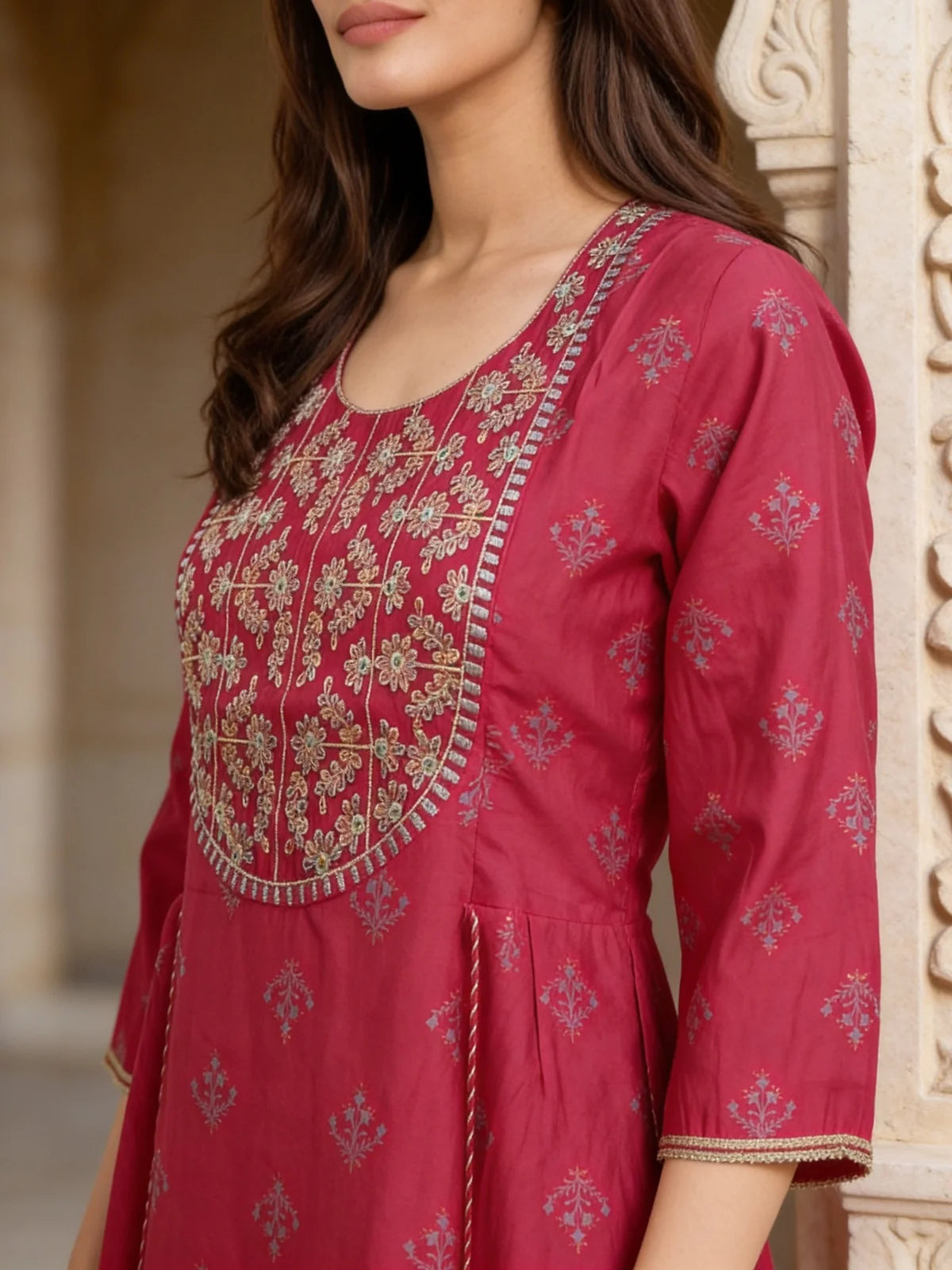 Buy Poly Viscose Embroidered Anarkali Calf Length Kurta-Red