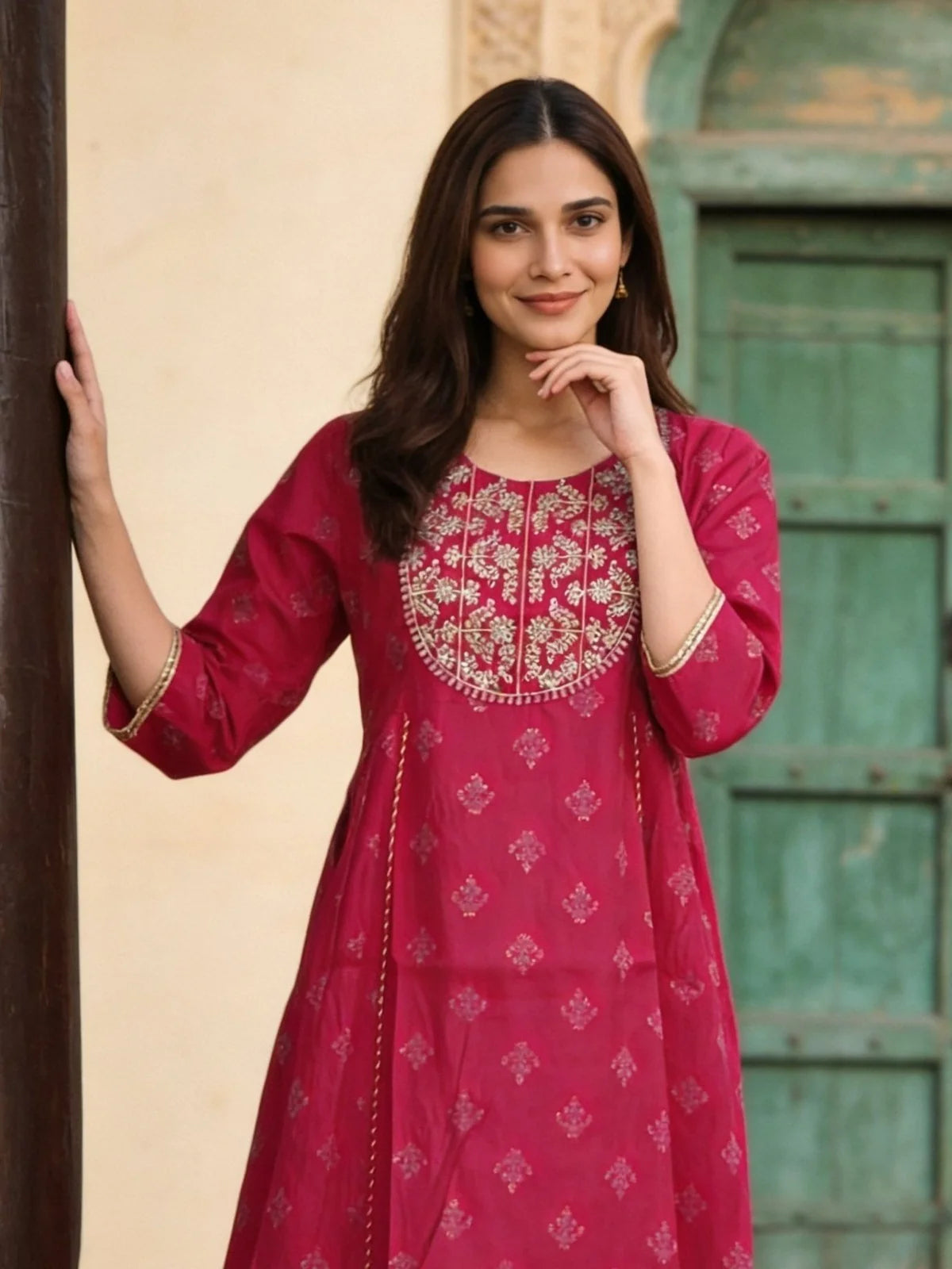 Buy Poly Viscose Embroidered Anarkali Calf Length Kurta-Red