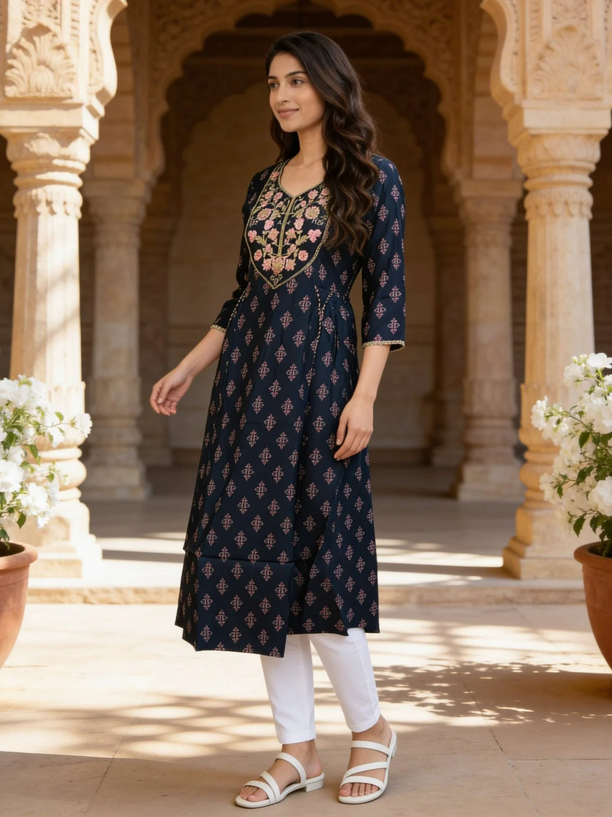 Buy Poly Viscose Embroidered Anarkali Calf Length Kurta-Blue