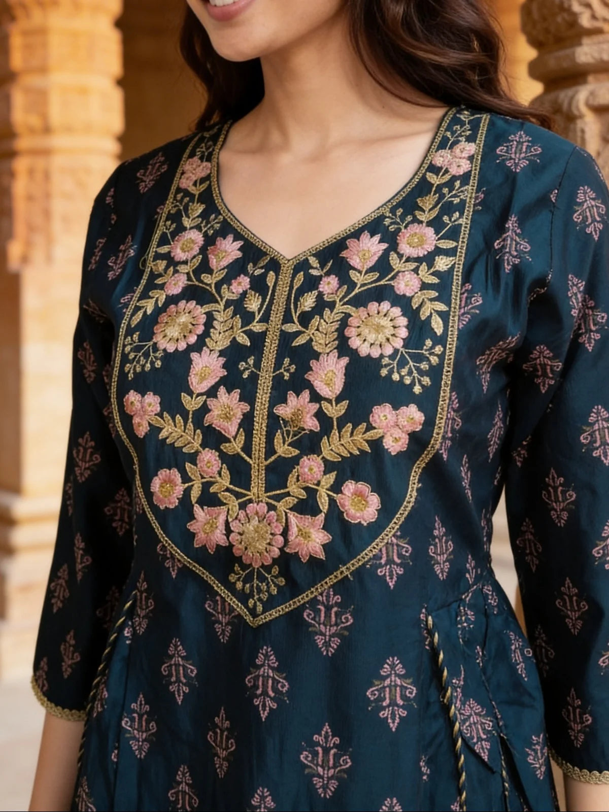 Buy Poly Viscose Embroidered Anarkali Calf Length Kurta-Blue