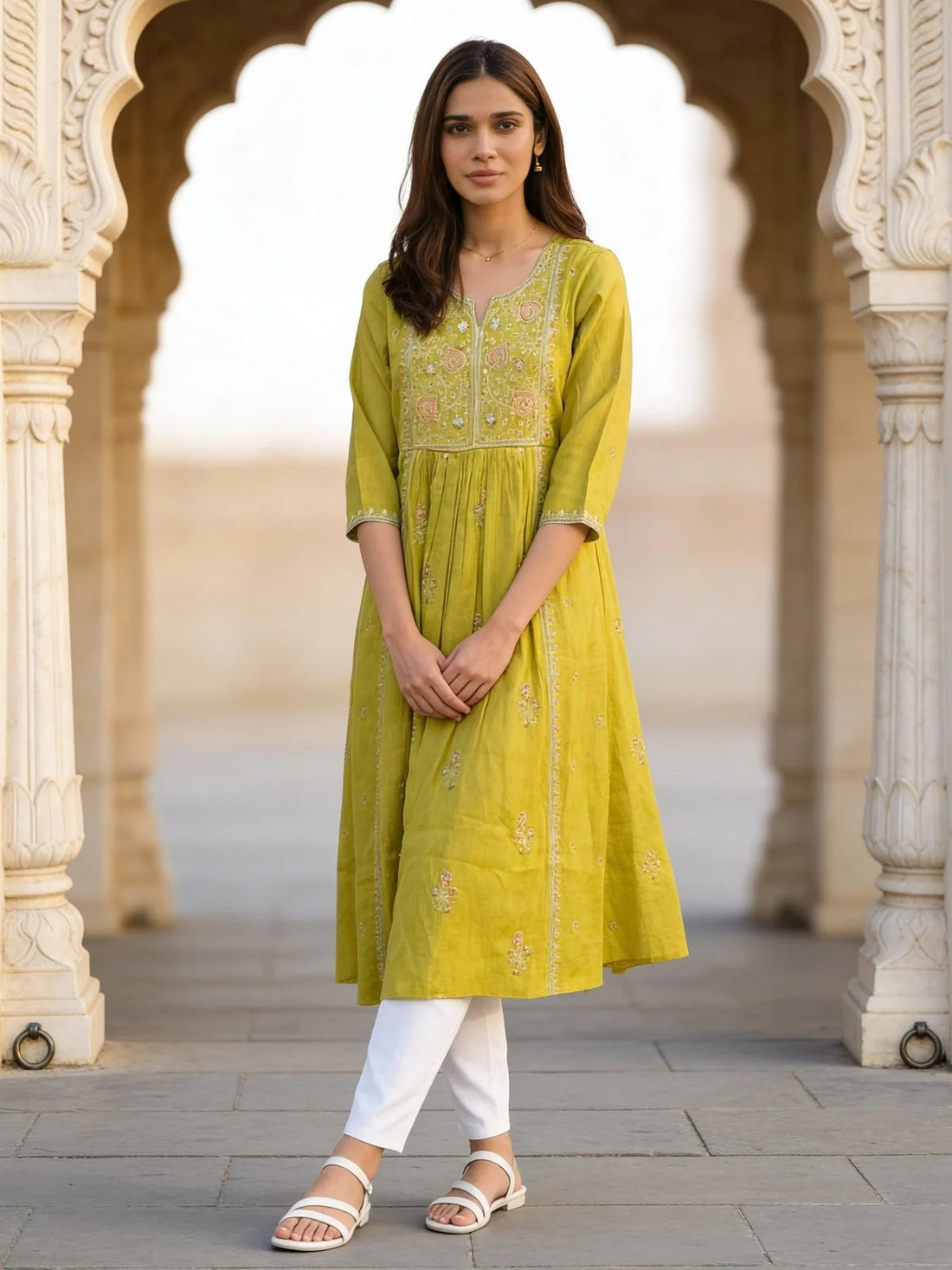 Buy Yellow Poly Viscose Embroidered Anarkali Calf Length Kurta-Yellow