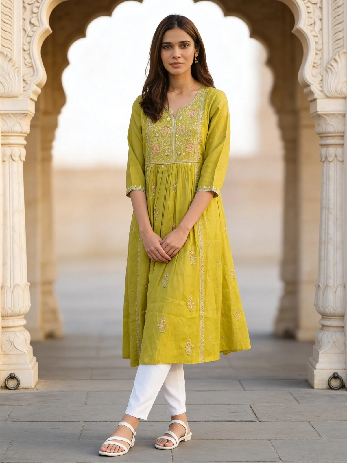 Buy Yellow Poly Viscose Embroidered Anarkali Calf Length Kurta-Yellow