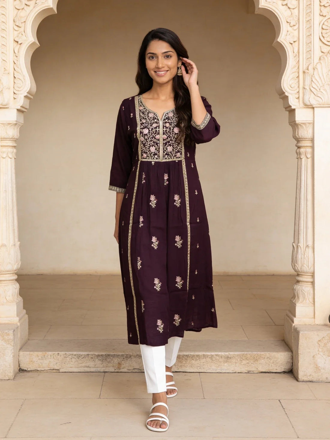 Buy Poly Viscose Embroidered Flared Calf Length Kurta-Wine