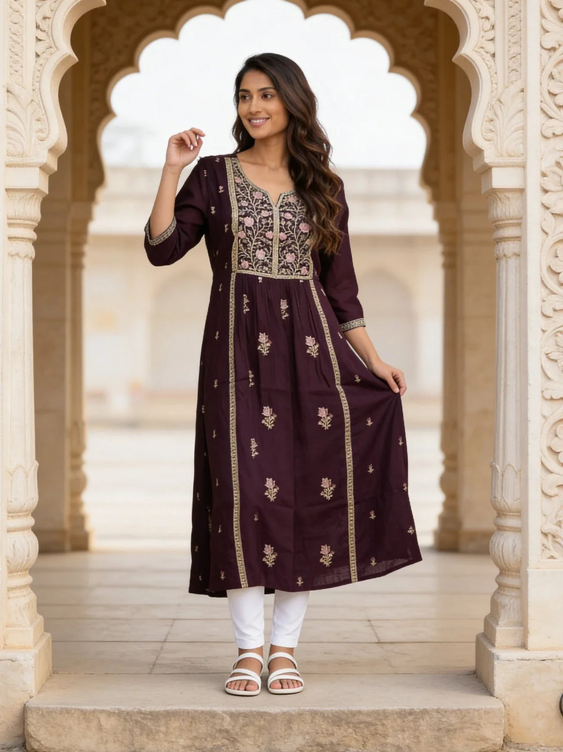 Buy Poly Viscose Embroidered Flared Calf Length Kurta-Wine