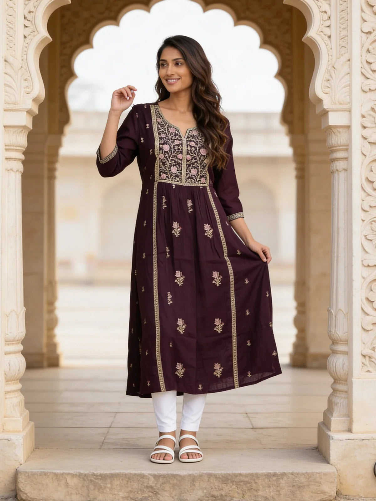 Buy Poly Viscose Embroidered Flared Calf Length Kurta-Wine