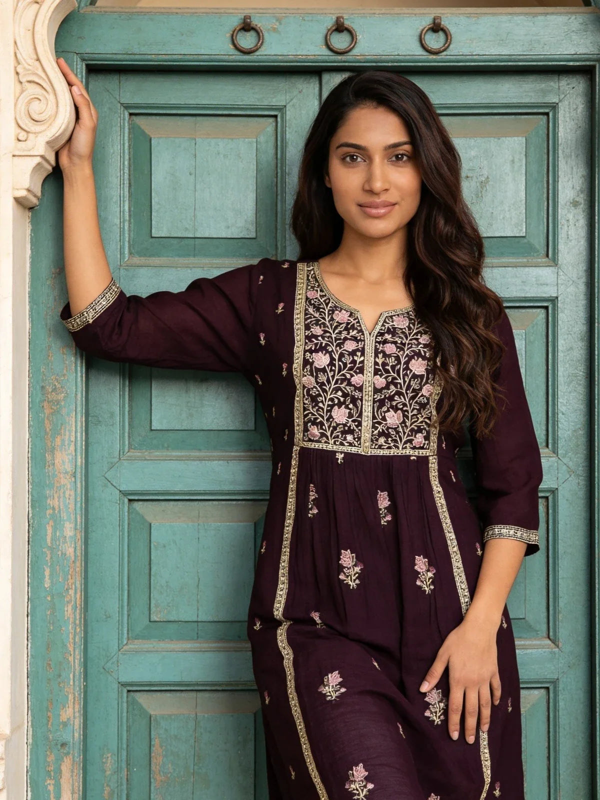 Buy Poly Viscose Embroidered Flared Calf Length Kurta-Wine