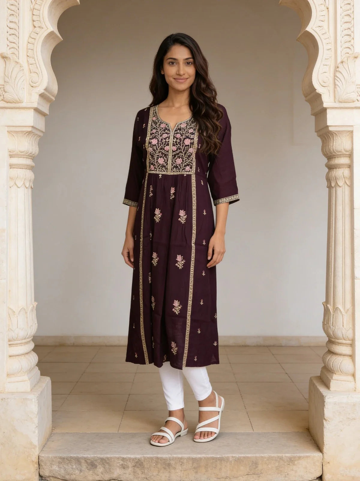 Buy Poly Viscose Embroidered Flared Calf Length Kurta-Wine
