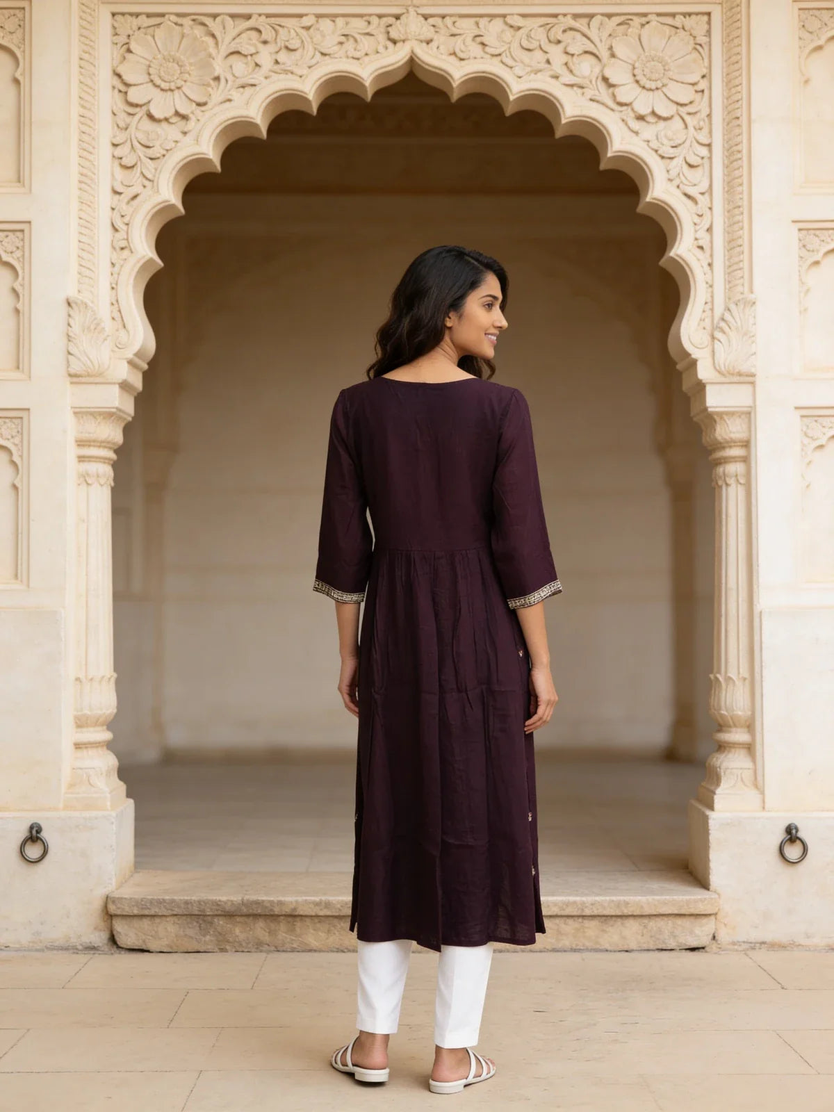 Buy Poly Viscose Embroidered Flared Calf Length Kurta-Wine